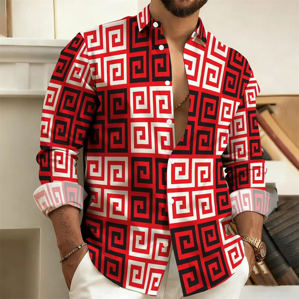 Long-Sleeved Polo Shirt, Vintage Print Style with Greek Key Pattern