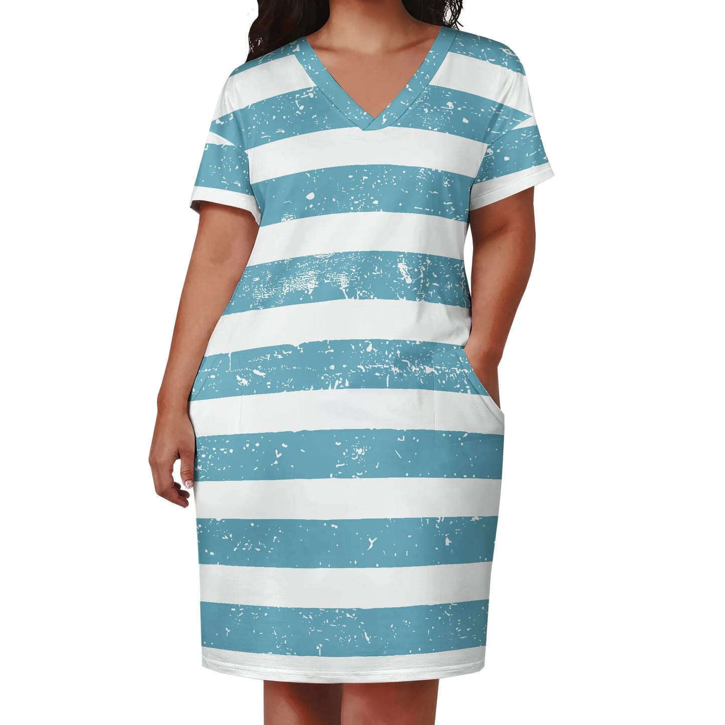 V Neck Short Sleeve with Front Two Pockets Solid Color Oversize Dress