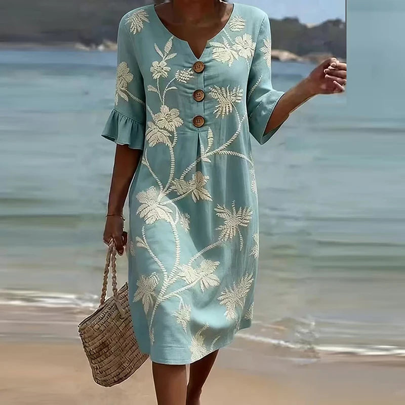 Elegant V Neck Half Sleeve Button Midi Holiday Dress