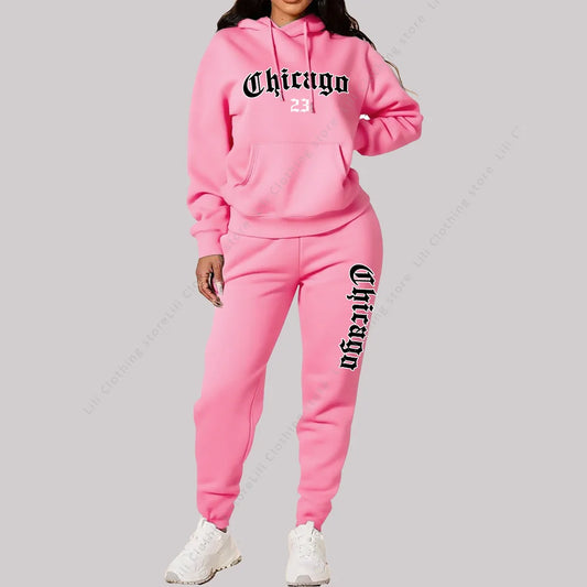 Women's Sets Hoodies Pants 2 Piece Outfits Chicago Graphic Letter Print