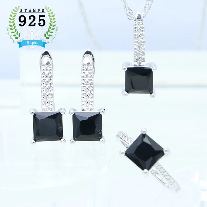 Sterling Silver Jewelry 3Set for Women Square Emerald Open Ring Earrings Pendant Necklace Free Gift Box