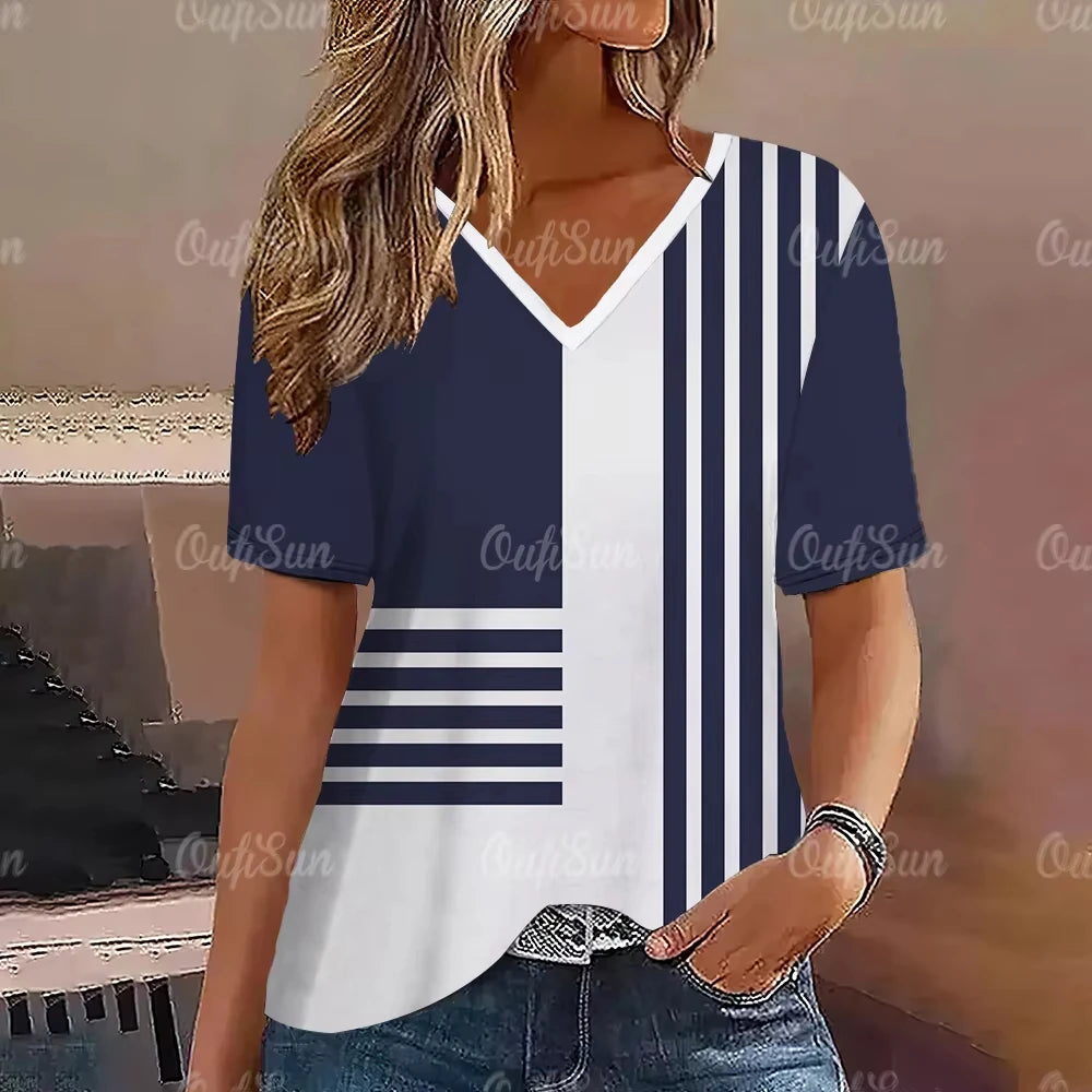 Blue V-Neck Short Sleeve Summer Tops Tees