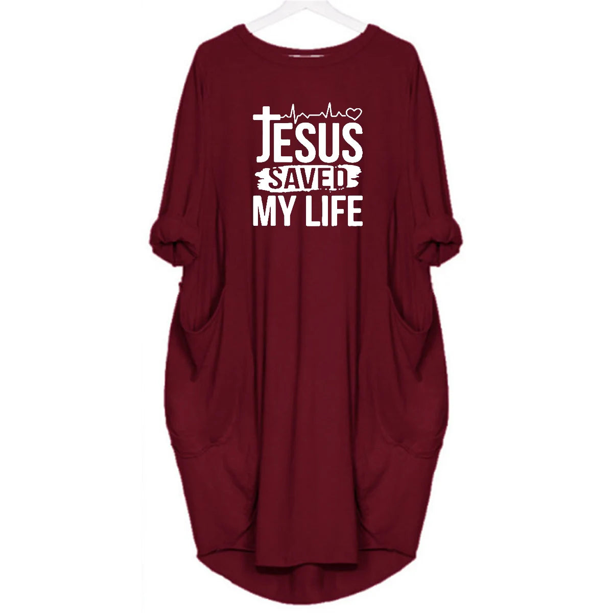 JESUS SAVED MYLIFE Print Round Neck Long Sleeve Pocket Comfortable Dress