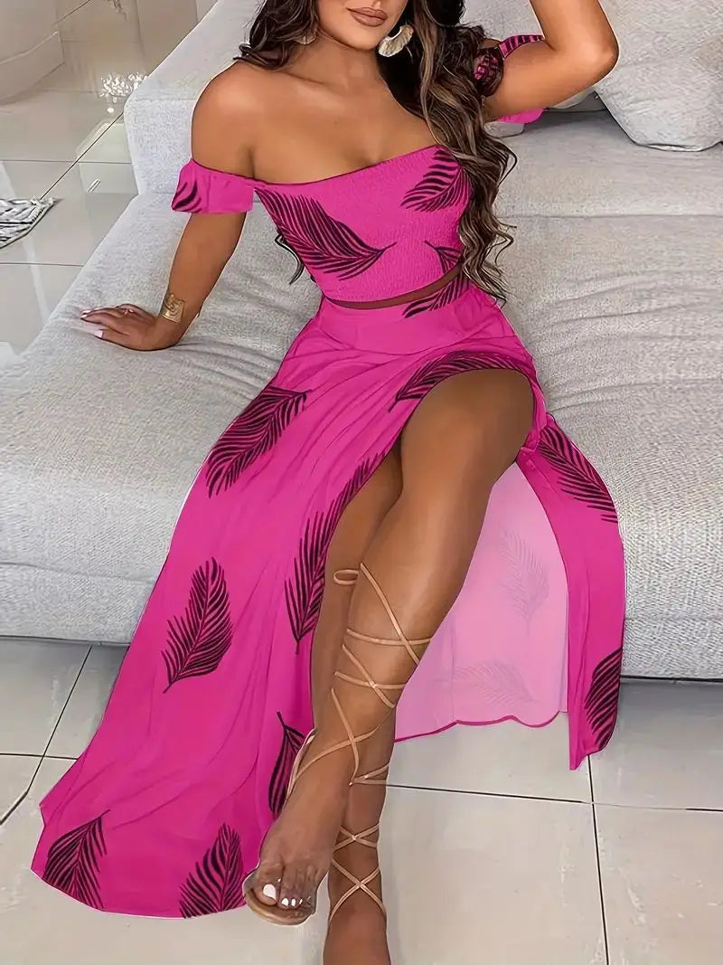 Bohemian Two-piece Set Women's Off-shoulder Elastic Solid Color Vest With feather Print High Waist Slit Skirt Set