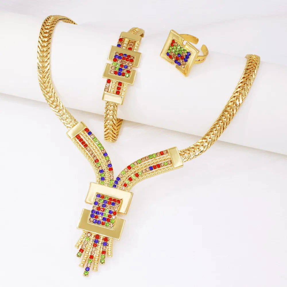 Gold Plated Jewelry Set Charm Necklace Bracelet Earring Ring