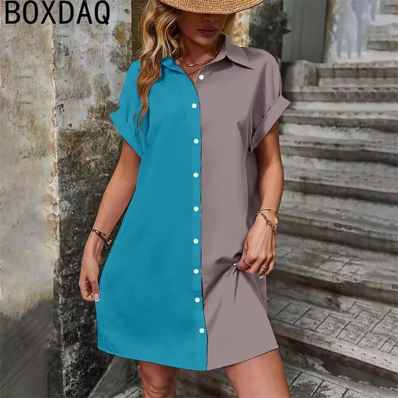Two Tone Spliced Shirt for Summer Evening  Casual Dress