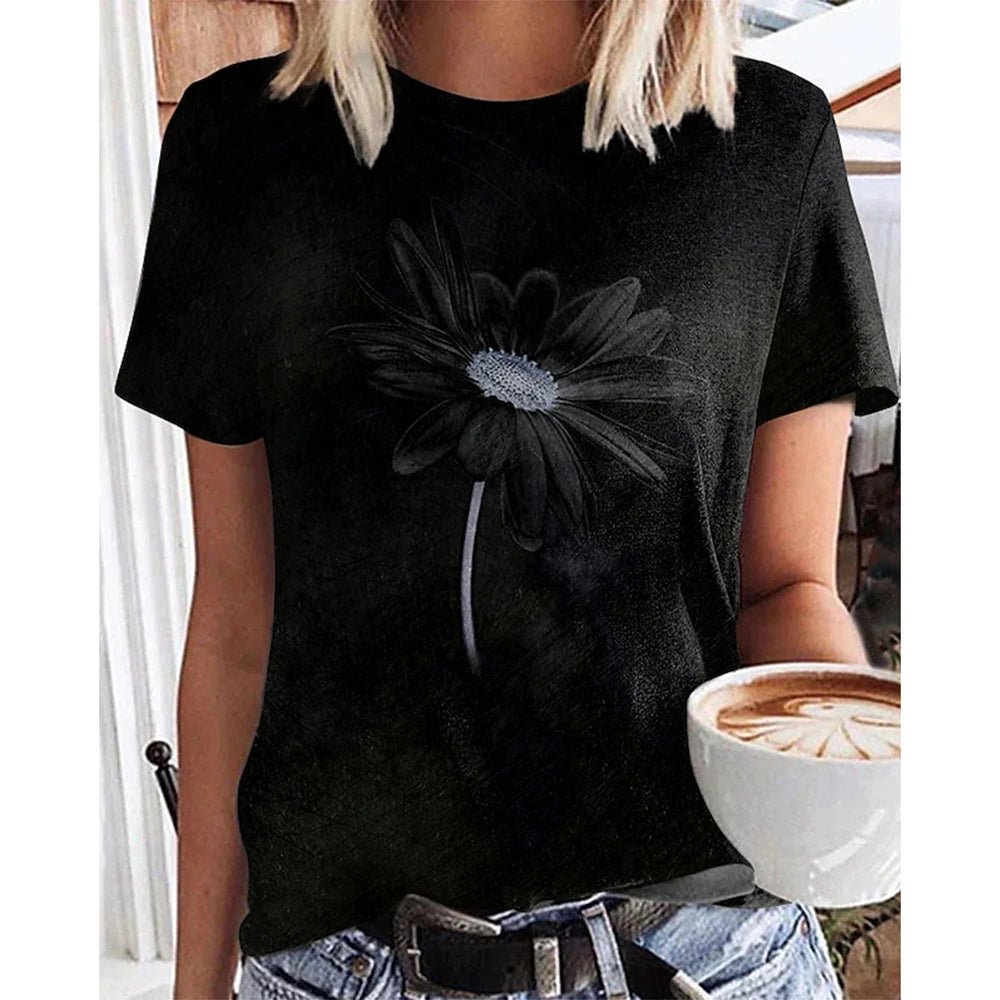 Short Sleeve T-Shirts 3d Flower Print Round Neck