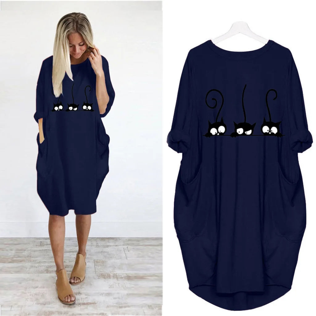 Plus Size Dress Autumn  Winter Casual Round Neck Solid Color Long Sleeve Pocket  Pullove Dress