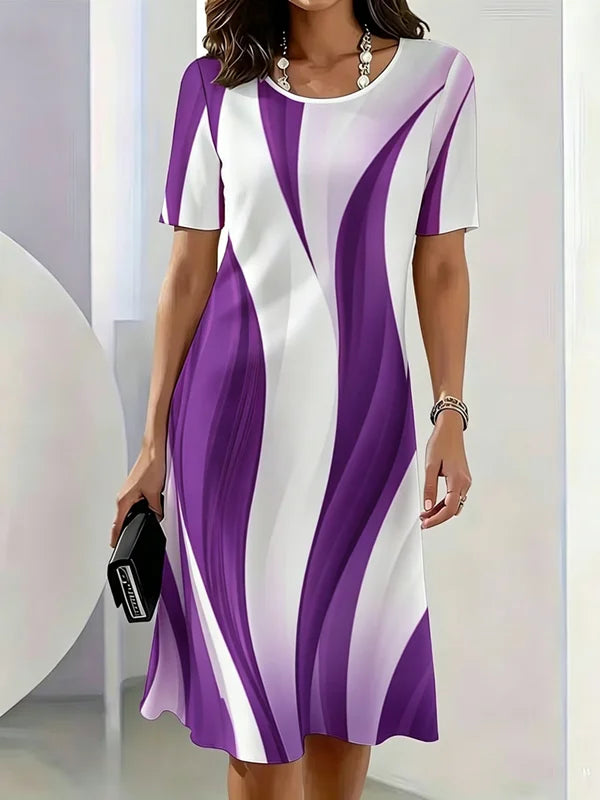 Gradient Striped Pattern Printed Short Sleeve O-Neck Dress