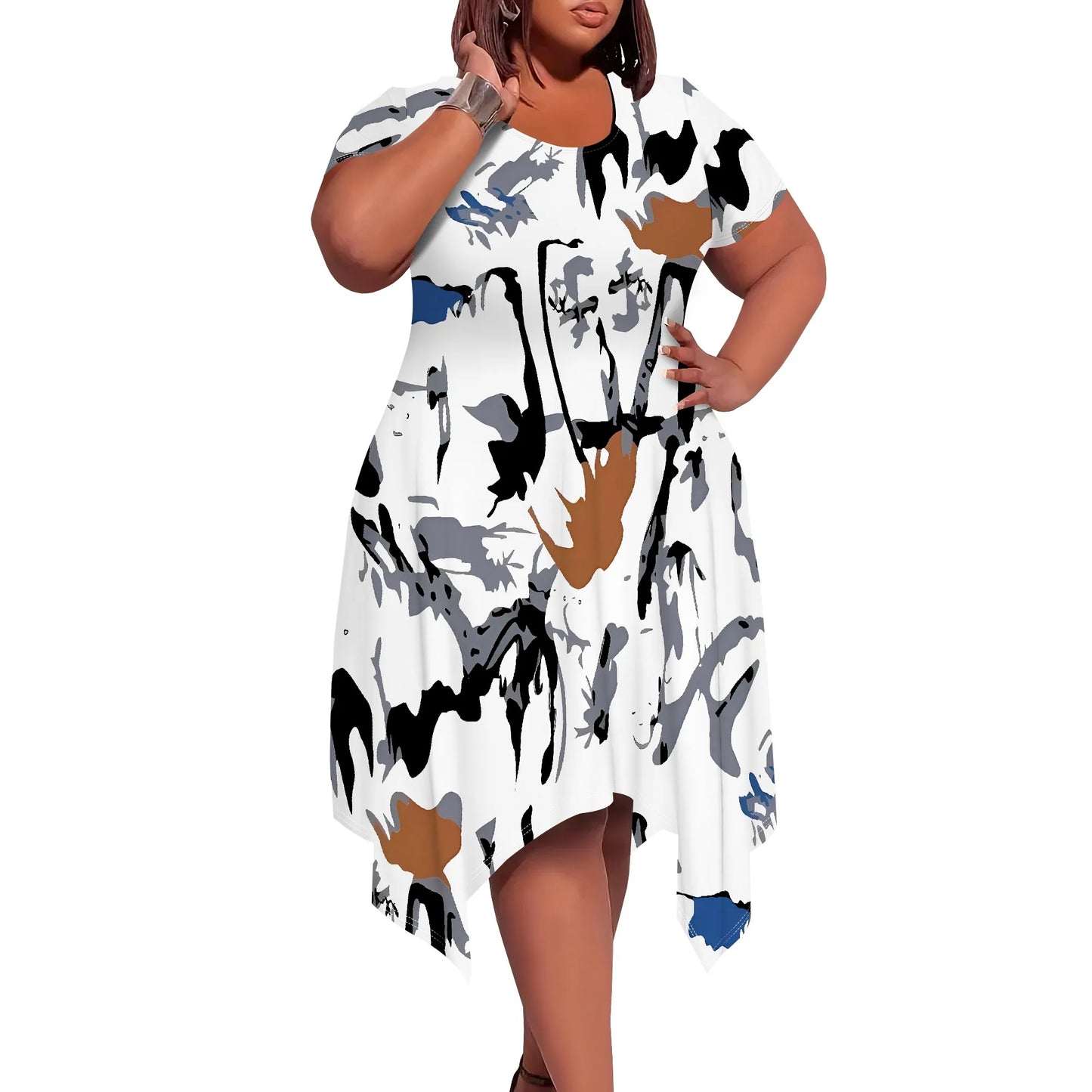 Eclectic Patchwork Abstract Round-Neck Short-Sleeve Dress