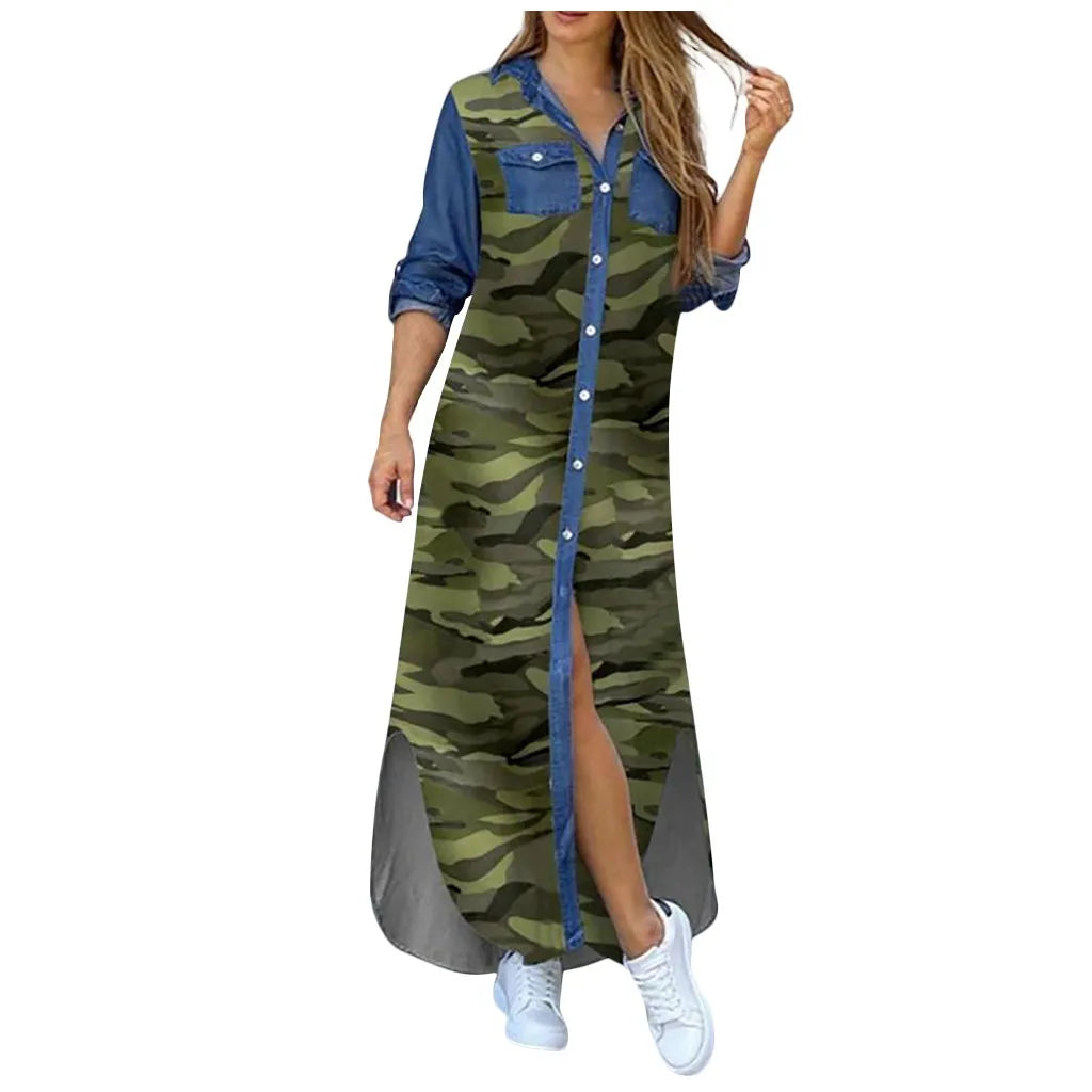 Long Sleeve  Pocket Button Print Shirts Dress