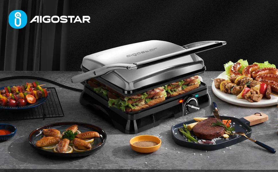 Electric Grill, Sandwich Maker, Non-Stick Coating, Temperature Regulator, 180º Opening, Bpa Free, 2000W