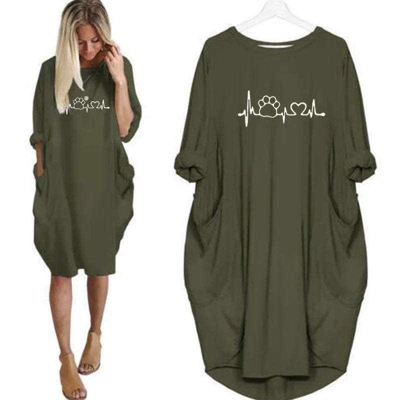 Plus Size Dress Autumn  Winter Casual Round Neck Solid Color Long Sleeve Pocket  Pullove Dress