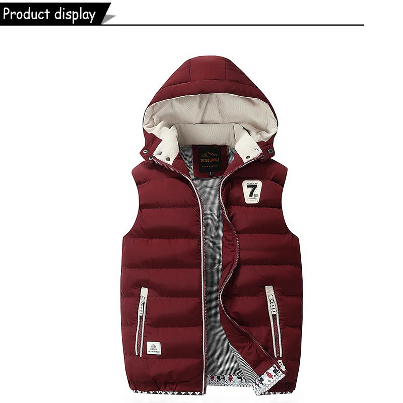Sleeveless Warm Detachable Hooded Vest Jackets For MenSolid Color Outdoors Windproof