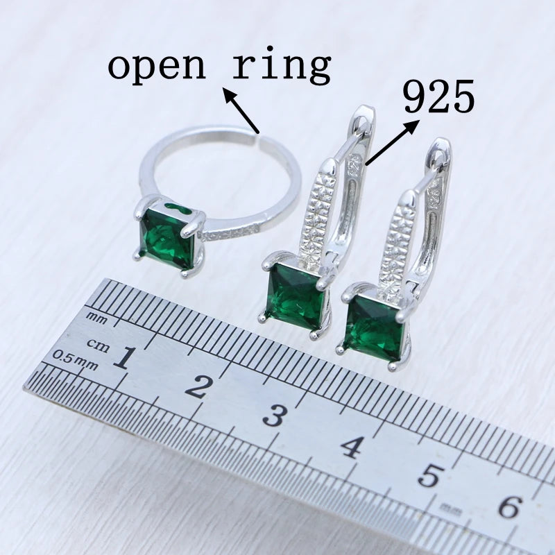 Sterling Silver Jewelry 3Set for Women Square Emerald Open Ring Earrings Pendant Necklace Free Gift Box
