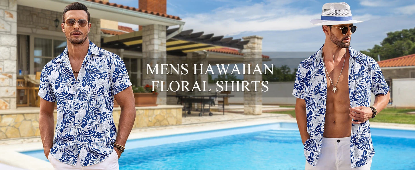 Men's Summer Patchwork Printed Button  Sleeve Shirt Tropical Vacation