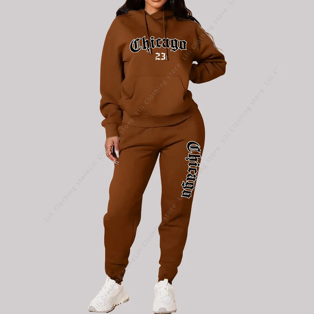 Women's Sets Hoodies Pants 2 Piece Outfits Chicago Graphic Letter Print