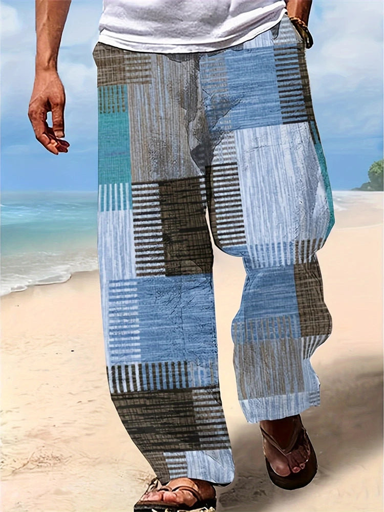 Summer Oversized New Men's Bohemian Wide Leg Pants 3D Retro Splicing Printed Loose Casual Beach Pants