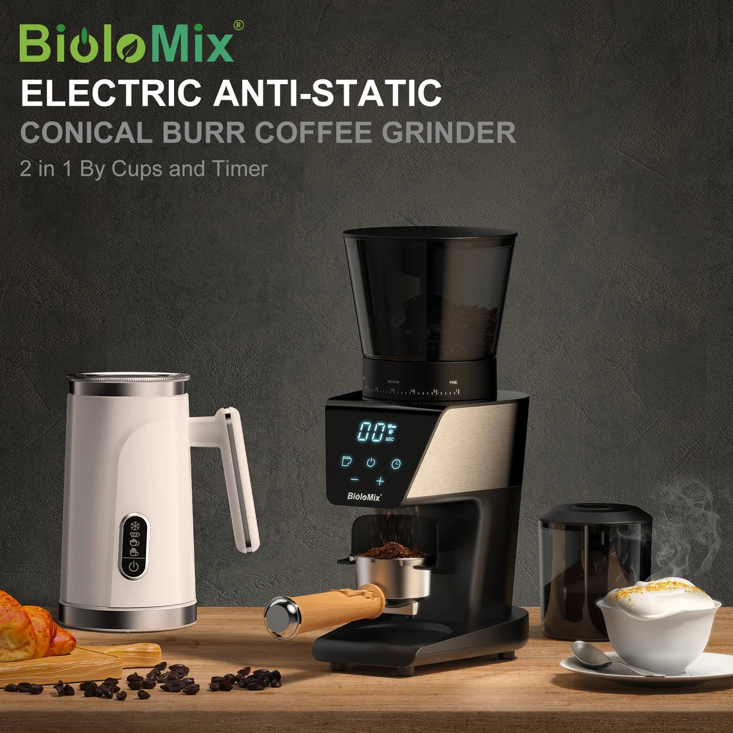 BioloMix Electric Coffee Grinder with Magnetic Ring - 30 Precise Grind Settings for Espresso, American, and Pour Over Coffee, Au