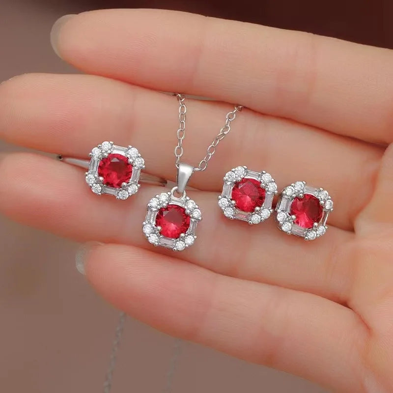 Silver Jewelry Sets Ring Stud Earrings Pendant Necklace with Zircon Accessories