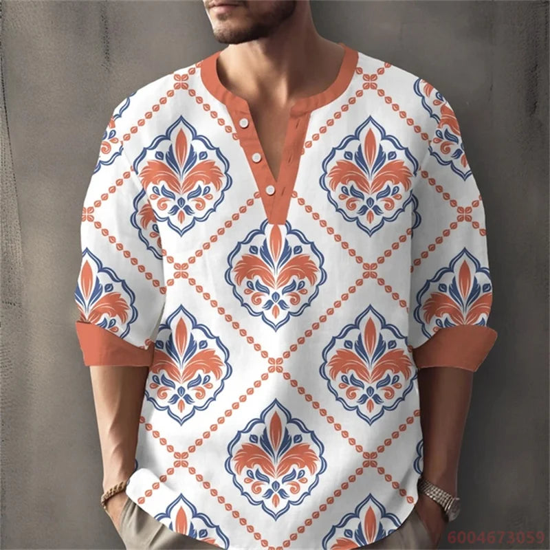 Long sleeved shirt for summer vacation, a color-blocked geometric print and Henley collar