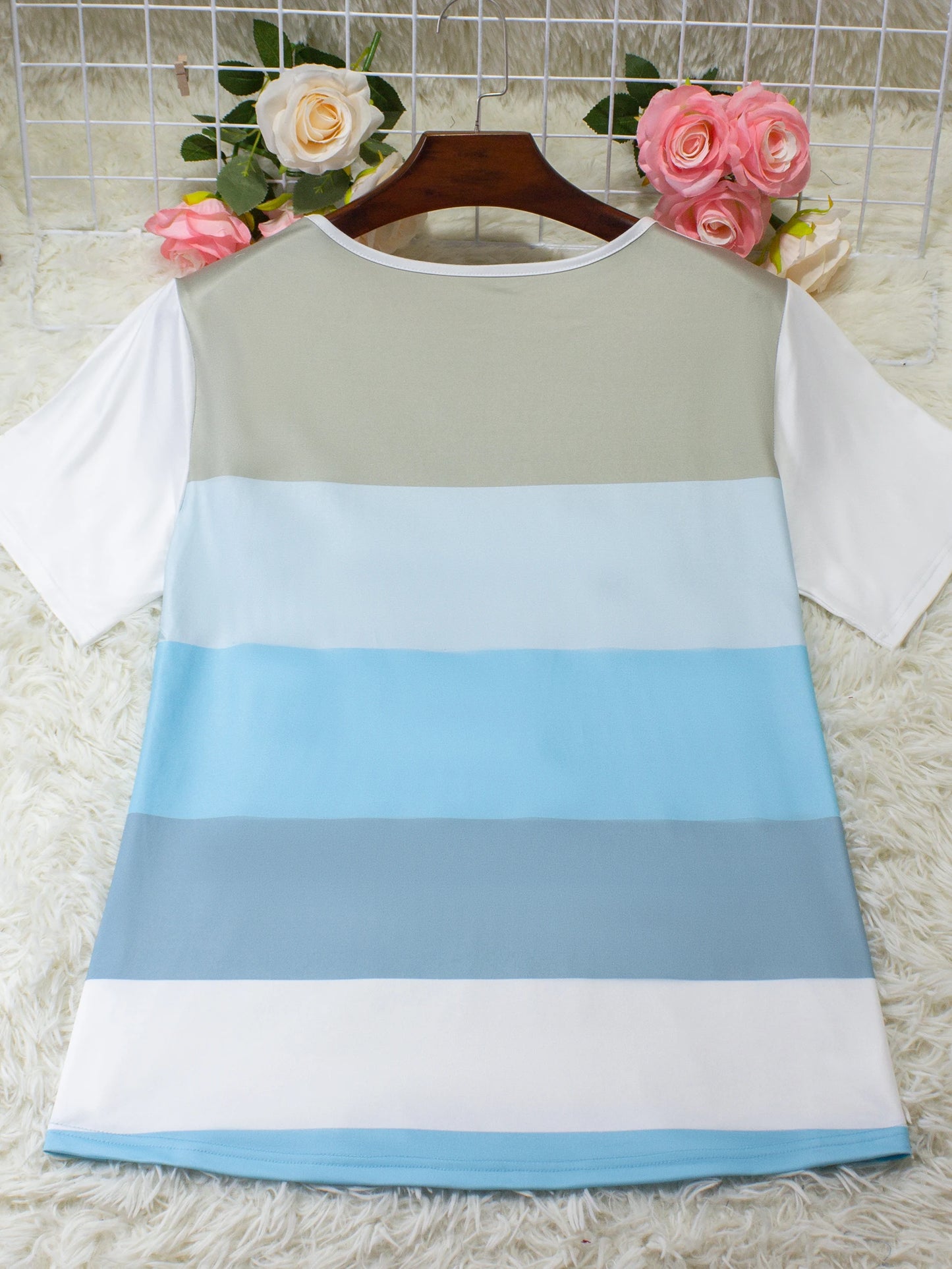 Women's Round Neck T-Shirt - Elegant Striped Print & Button Detail Short Sleeve Top