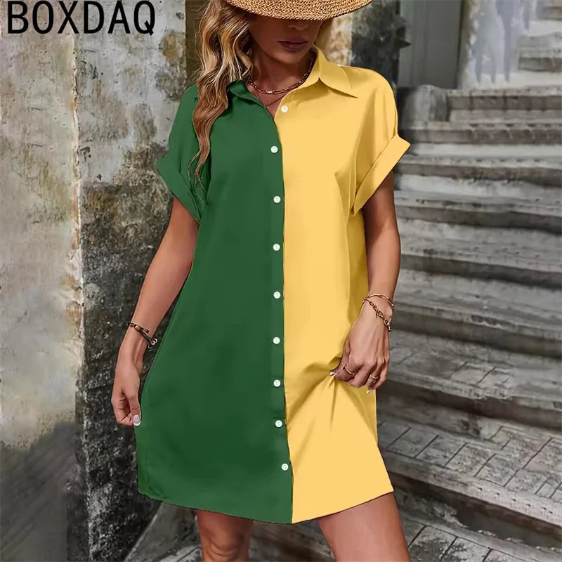 Two Tone Spliced Shirt for Summer Evening  Casual Dress