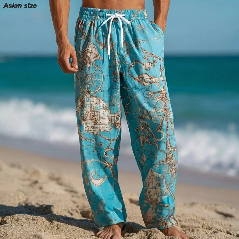 Men's Nautical Compass Sailboat Trousers Baggy Pants Casual Pant Mid Waist