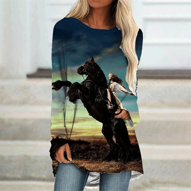 Horse T Shirt Long Sleeve Tops Tees Ladies