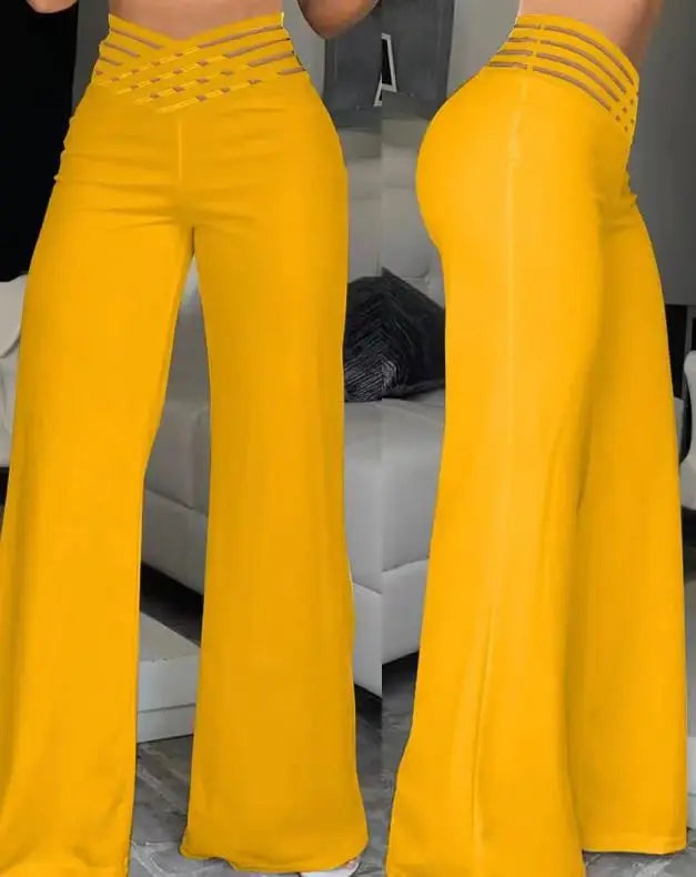 Fashionable Trendy Women's Hollowed Out Waist Belt High Waisted  Wide Leg Pants