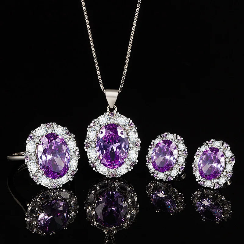 Silver 925 Jewelry Set Ring Earrings Necklace with Zircon Gemstone Accessories for Women Wedding Engagement Party Gift