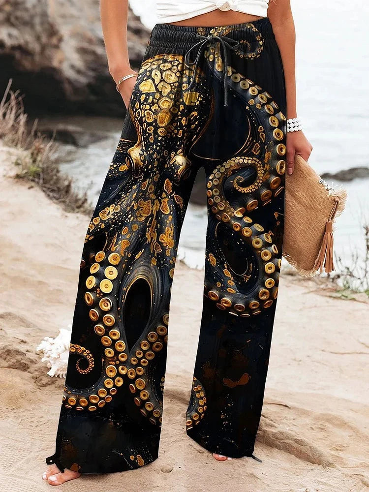 Relaxed-Fit Casual Pants 3D Floral Print Comfortable Breathable Fashionable Wide-Leg Pants