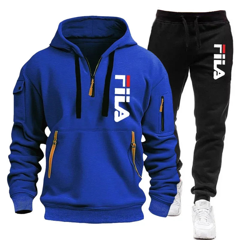 men hooded sweatshirt + Trouser, outdoor multi-pocket men's pullover sportswear set