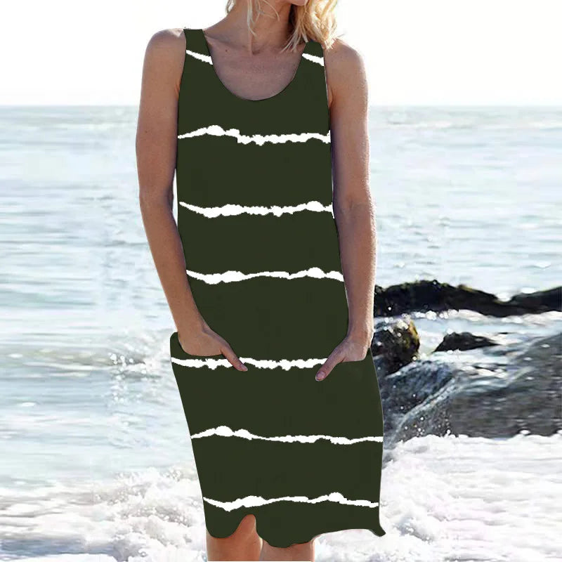 Stripe Print Pocket Sleeveless Knee Vacation And Party Dress