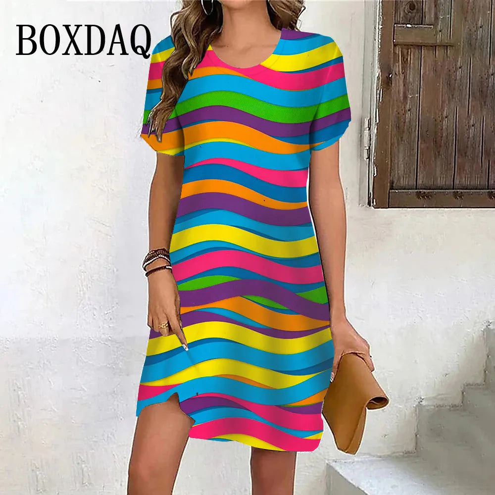 Gradient Rainbow Stripe Short Sleeve Dress O-Neck Print Loose Party Clothes