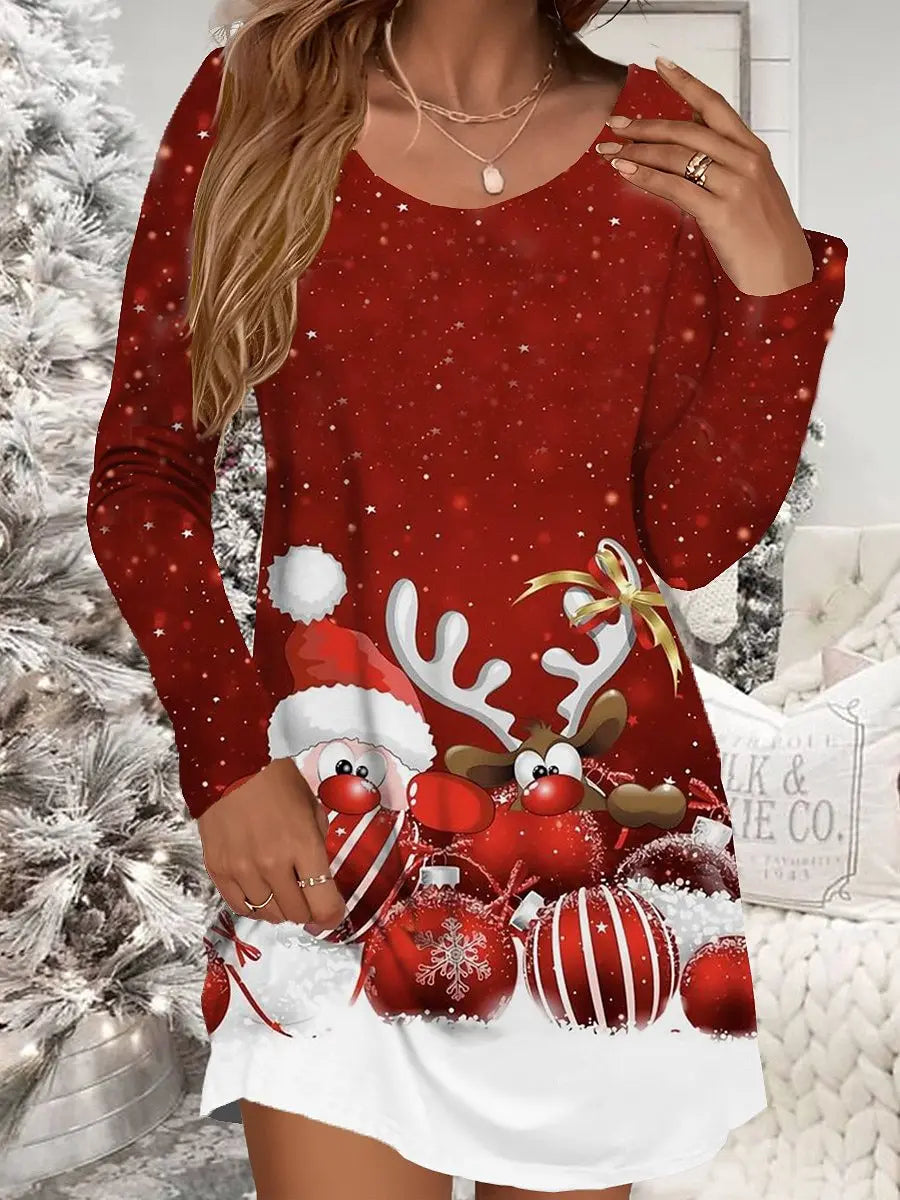 Christmas Snowflake Print Mini Dress Long Sleeve O-neck