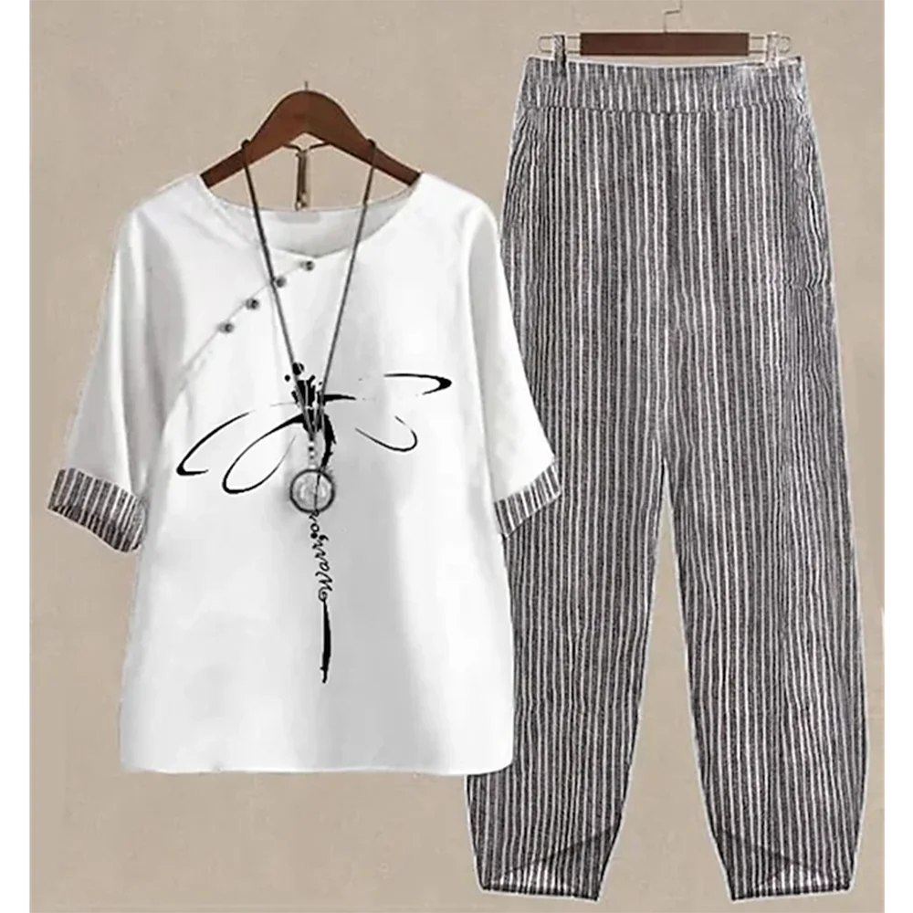 Summer 2 Piece Set Sleeve Shirt Top High Waist Pant