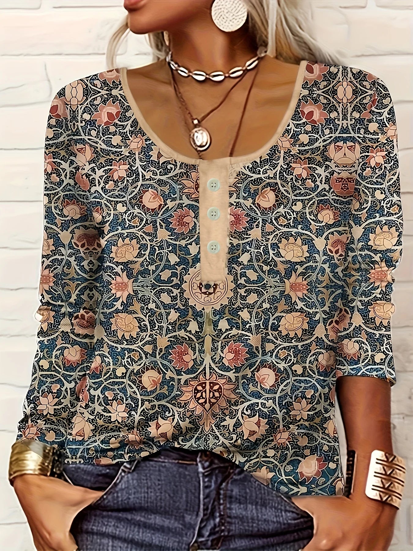 thin button ethnic print plus size women's long-sleeved T-shirt