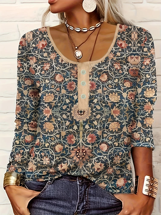 thin button ethnic print plus size women's long-sleeved T-shirt