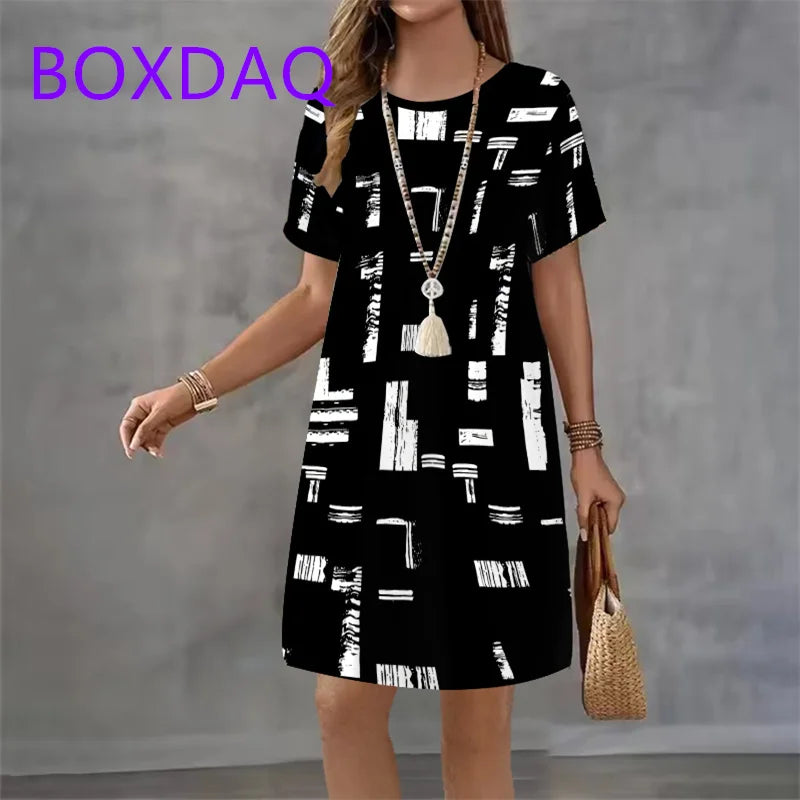 Geometric Stripe Printed Short Sleeve O-Neck Dress