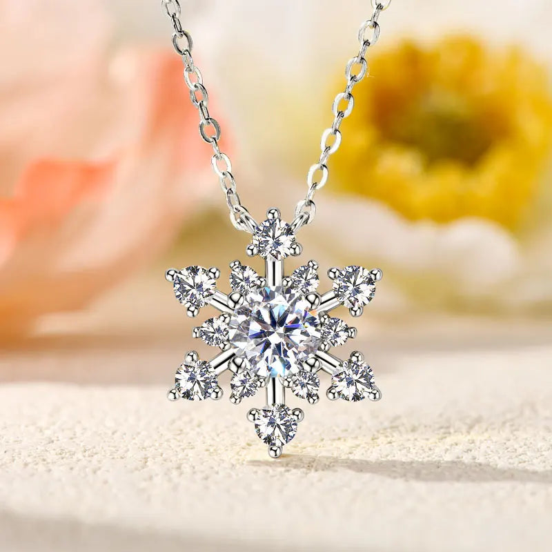 Round Cut Moissanite Snowflake Pendant Silver Necklaces