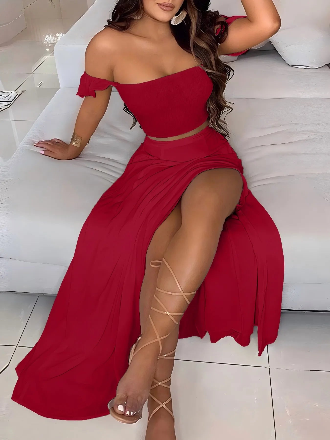 Bohemian Two-piece Set Women's Off-shoulder Elastic Solid Color Vest With feather Print High Waist Slit Skirt Set