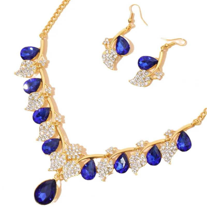 Blue Water Drop Full Diamond Leaf Necklace And Earrings