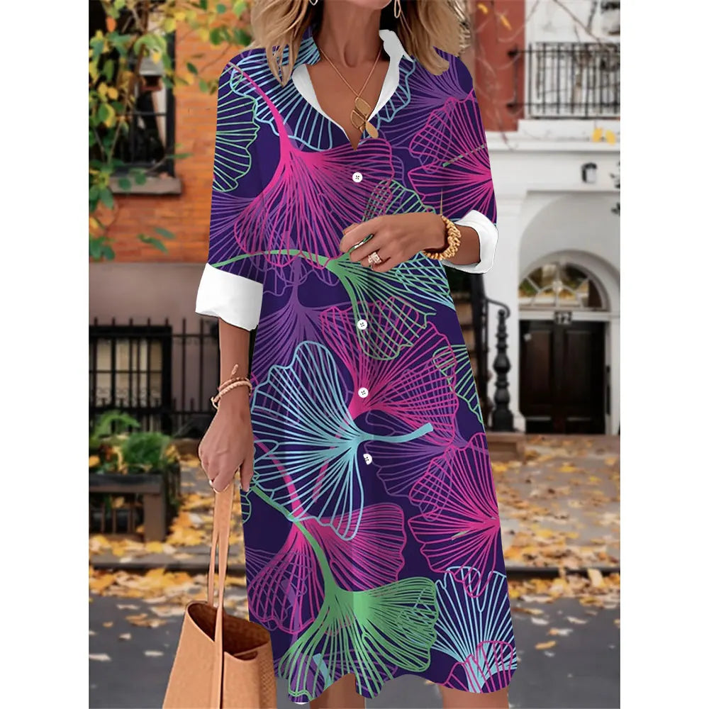 Printed V Neck Long Sleeves Button Sexy  Beach and Party Dress
