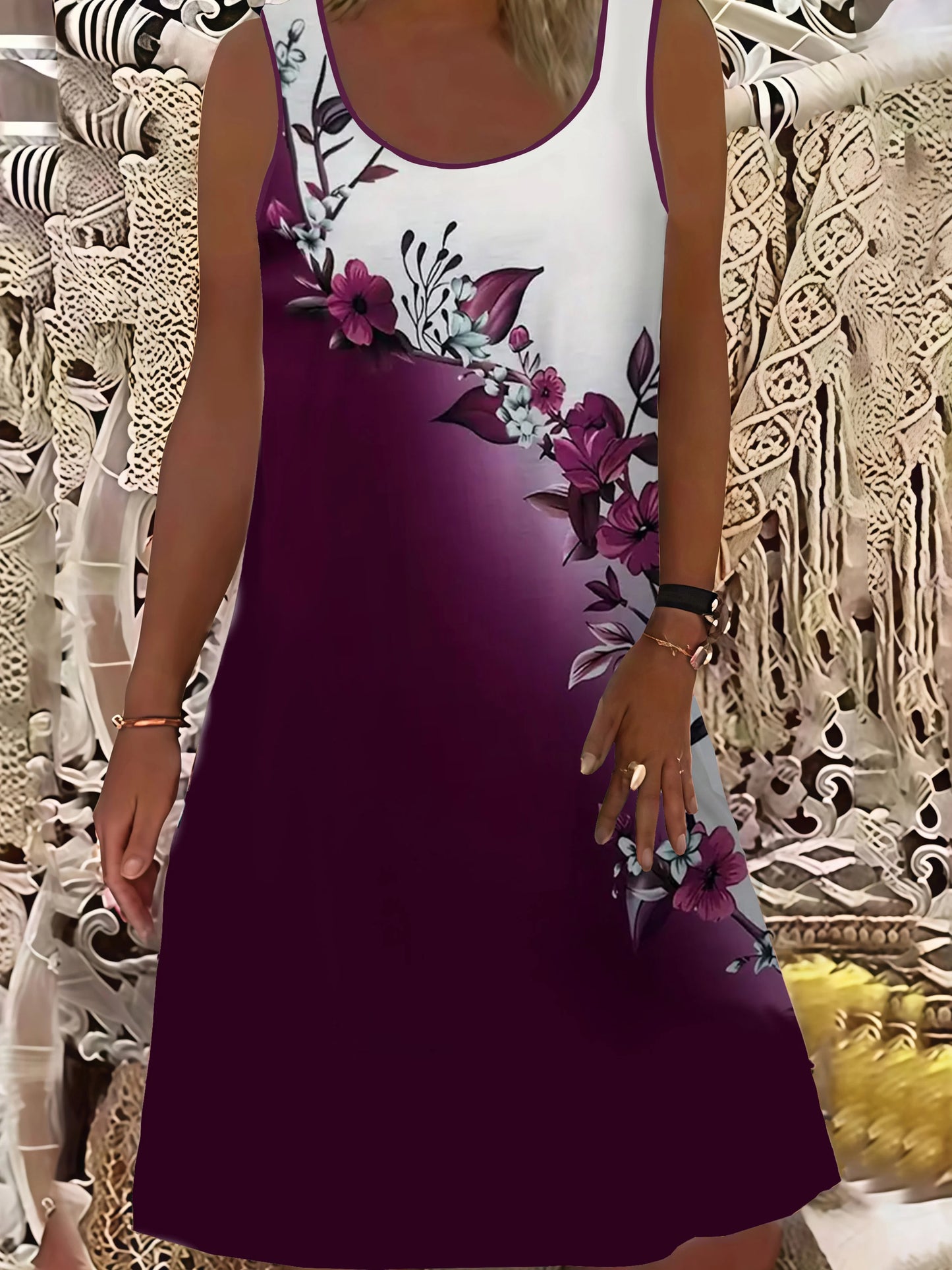 elegant round neck ethnic style print large size sleeveless women's dress