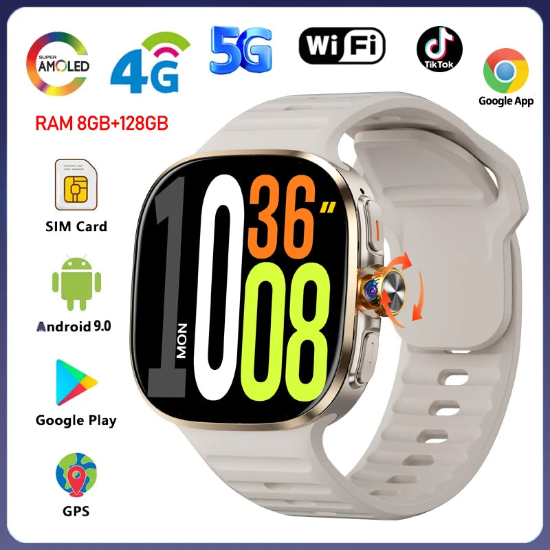 5G/4G Full Network Smart Watch 2.40 inch Big Screen HD Video Call 8GB+128GB RAM 2100mAh Google Play WIFI GPS Sim Card
