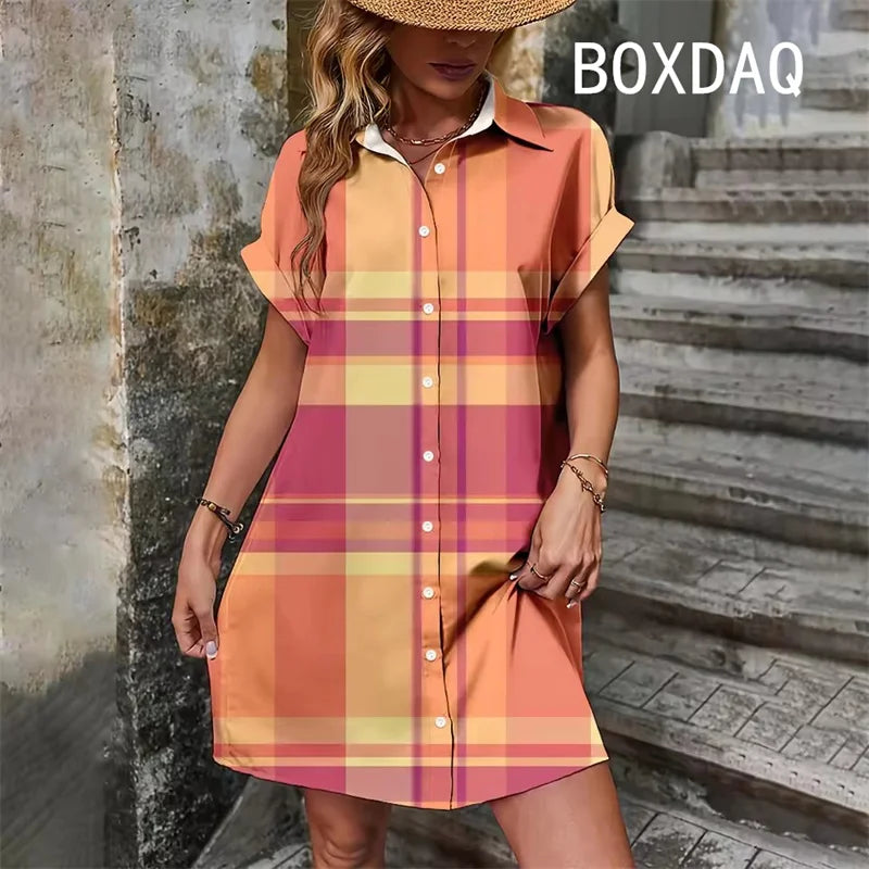 Elegant Vintage Striped Print  Short Sleeve With Button  Dress