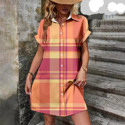 Elegant Vintage Striped Print  Short Sleeve With Button  Dress