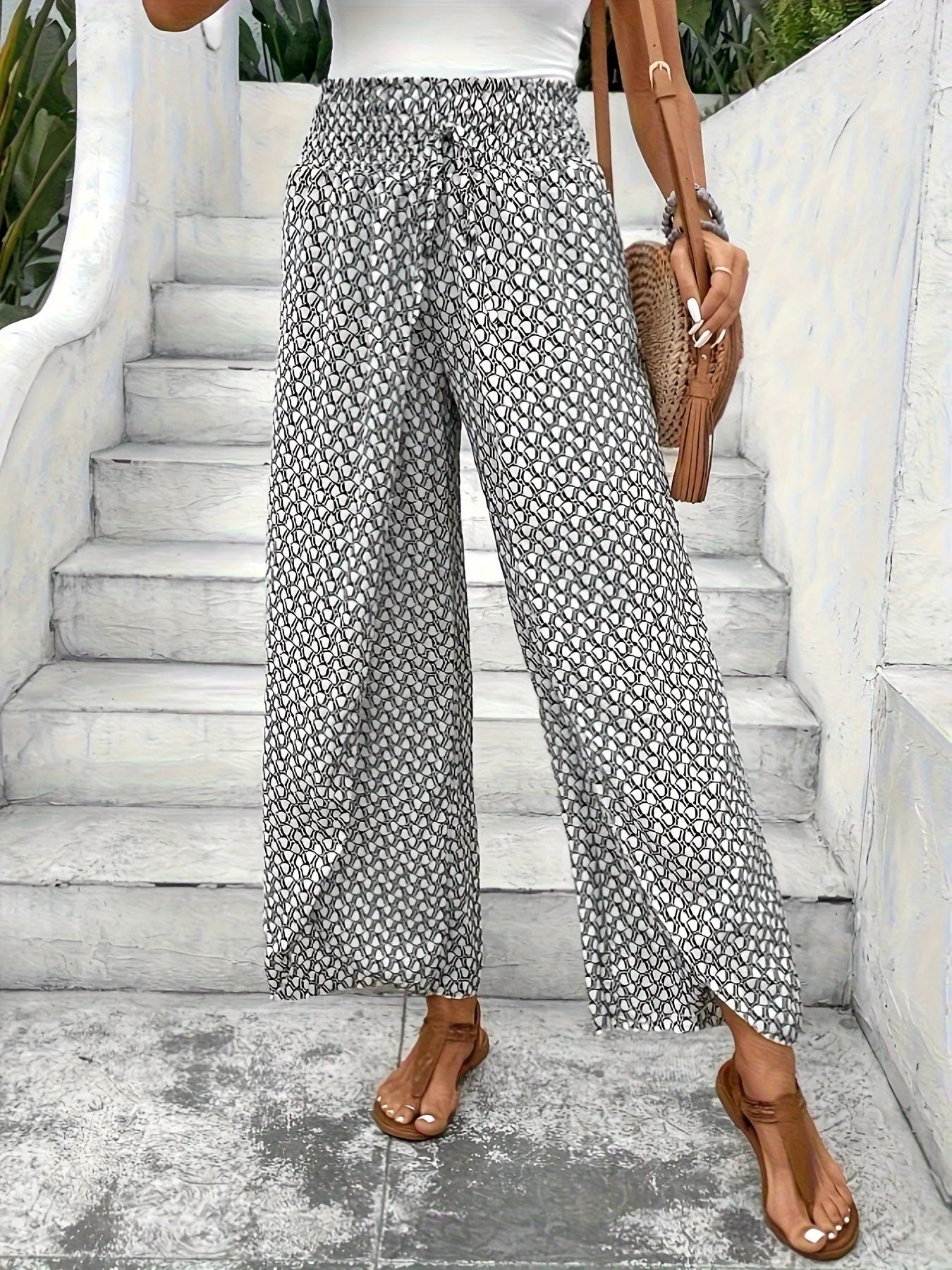 Spring Summer Women Elegant Wide Legs Pants Casual Vacation Beach Print Trousers