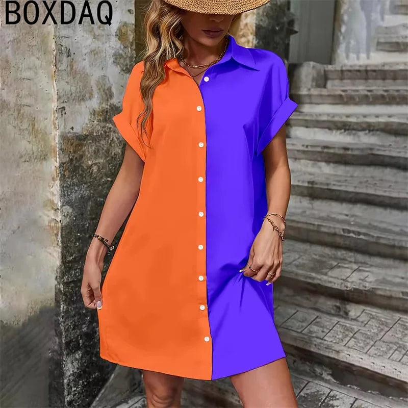 Two Tone Spliced Shirt for Summer Evening  Casual Dress